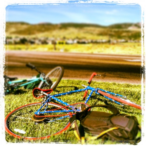 A bike rests in front of the foothills on Bike to Work day.