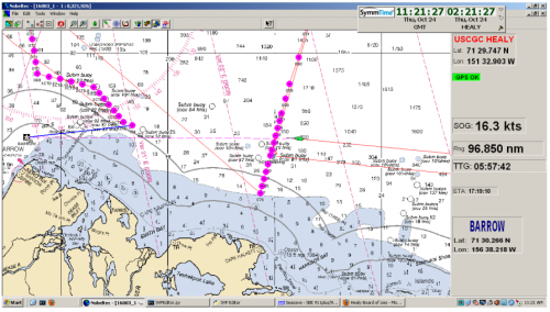 This map shows two CTD transect lines we sampled during out trip.  The pink dots represent actual data points where CTDs were deployed. 