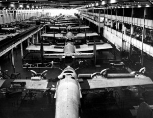 Liberty B24 bombers are assembled at the Ford Motor Company's Willow Run plant in 1943, as part of the Allies' World War II effort. Source: The Detroit News