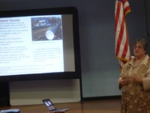 Rosemary Wessel of No Fracked Gas in Mass addressing selectmen in the town of Washington. (Dana Drugmand)