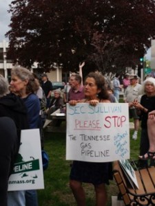 Protests across Massachusetts greeted the $5 billion Kinder Morgan Northeast Direct pipeline project, such as this gathering in Greenfield. (The Berkshire Edge)