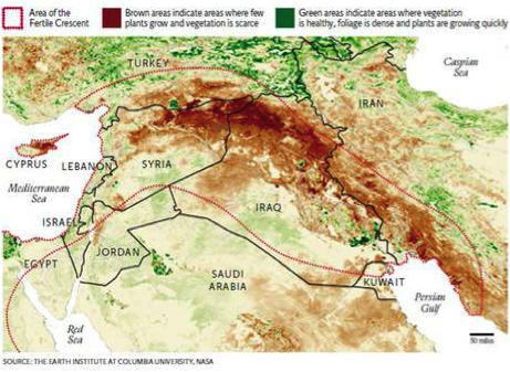 Areas of healthy and degraded vegetation in the Fertile Crescent. Courtesy: NASA