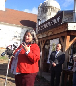 Assemblywoman Carrie Woerner speaking at a celebratory event marking the speedy completion of two Farmland Protection Implementation Grants in Saratoga County. Pictured with Commissioner of Agriculture Richard Ball. 