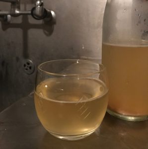 A glass of unfiltered fermented beverage sits next to an unmarked bottle on a stainless steel counter