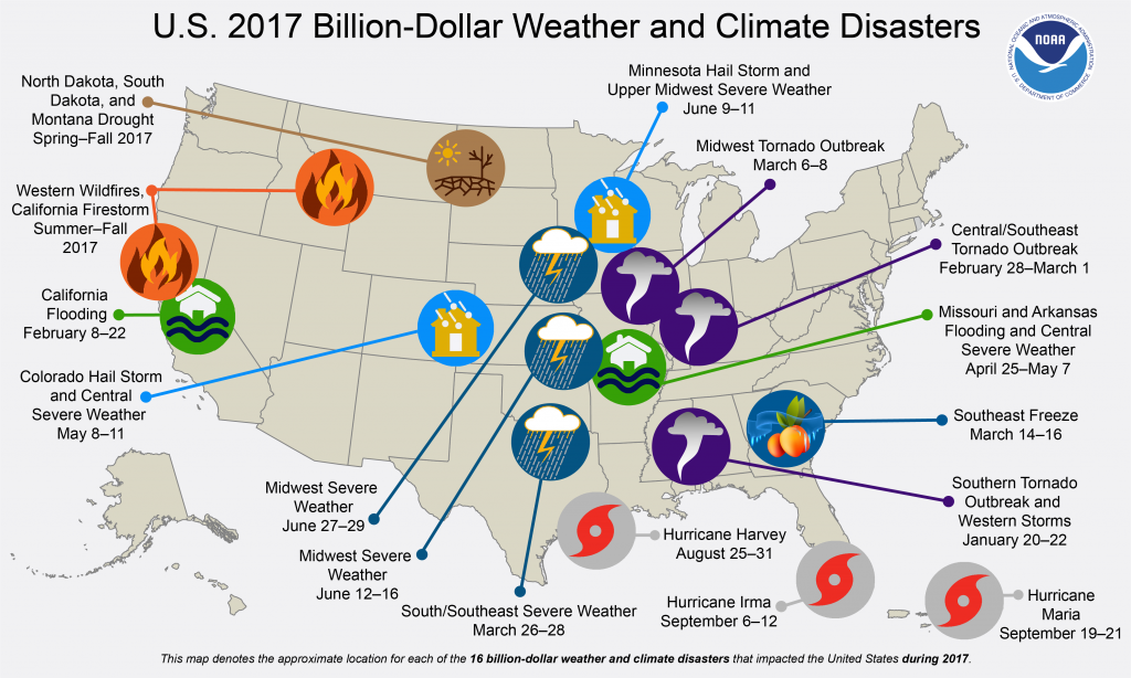 Map denoting the approximate location for each of the 16 billion-dollar weather and climate disasters that impacted the United States during 2017