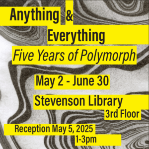 An image of text talking about the polymorph exhibit in gray text on a yellow text background. The background of the image shows wavy white to gray think and thick lines.